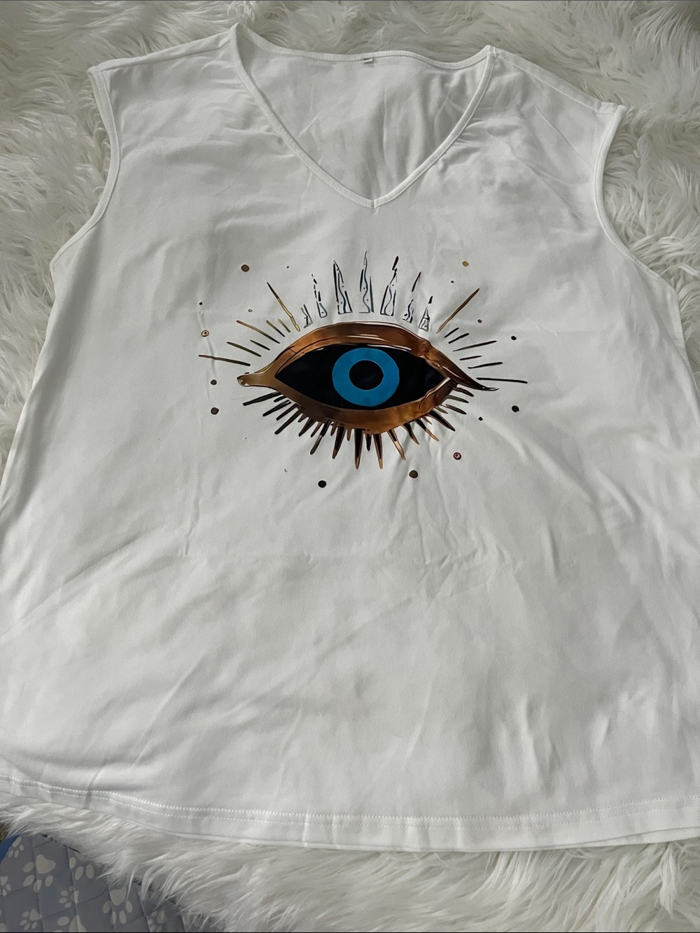 Sleeveless White V-Neck Tank with Graphic Eye Print